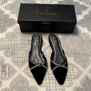 Lulu's Black Mules with Rhinestone Detail